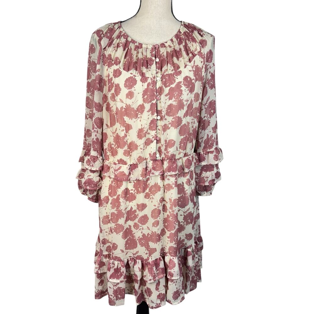 Simply Vera Vera Wang Large Mini Dress Floral Ruffled 3/4 Balloon Sleeves Lined